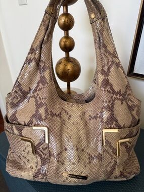 Michael Kors Fulton Python Snakeskin Embossed Leather Shoulder Bag Purse Hobo